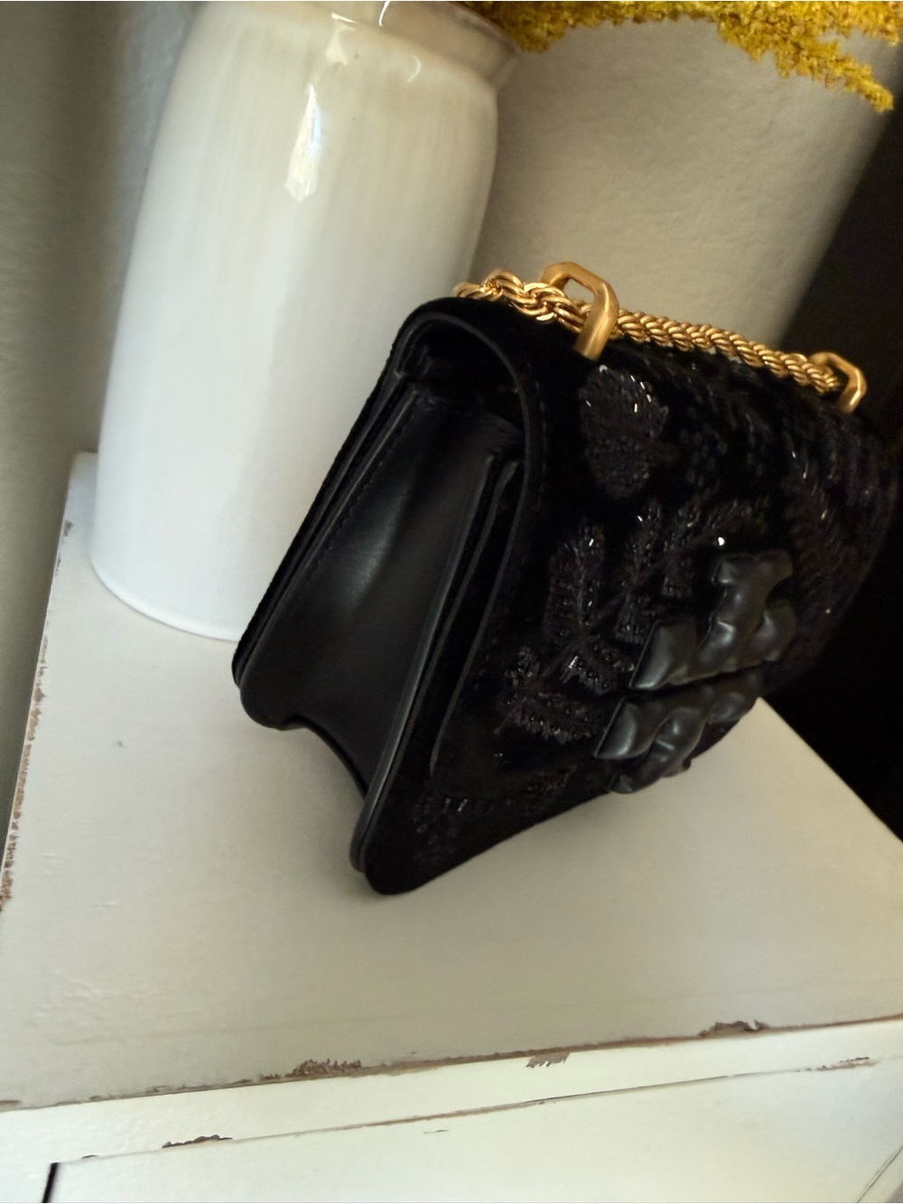 RARE Tory Burch Black Velvet Embroidered Chain Crossbody - Picture 3 of 9